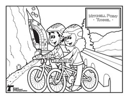A cartoon of two children riding bikes in front of the future tunnel.