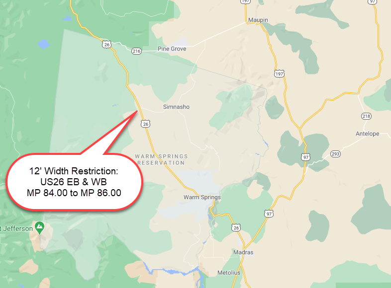 12' Width Restriction on US26 EB & WB Warm Springs