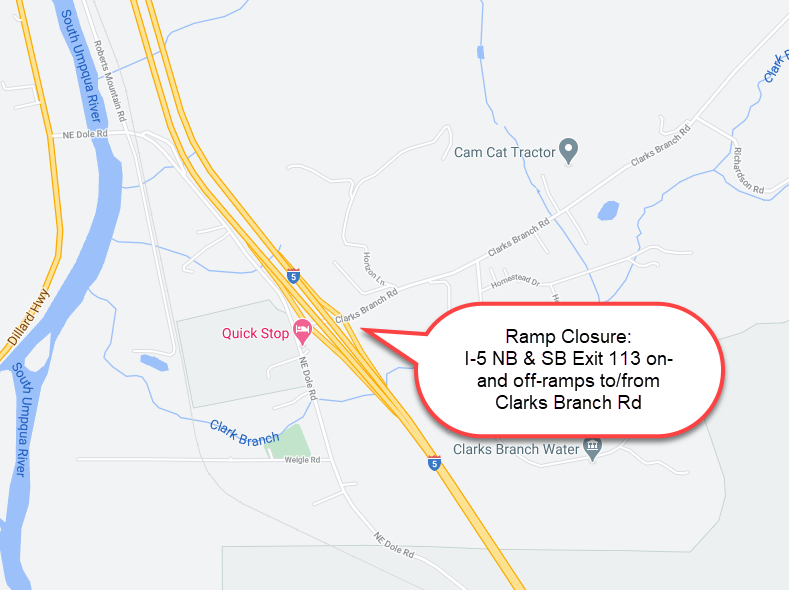 I-5 NB & SB Exit 113 on- and off-ramps to-from Clarks Branch Rd