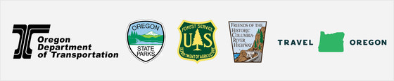 ODOT, OPRD, USFS, Friends of the Historic Highway and Travel Oregon logos. 