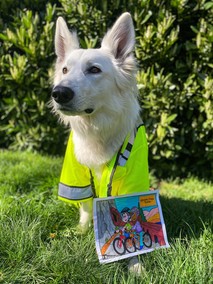 A white dog wearing a safety vest and a filled in coloring sheet 