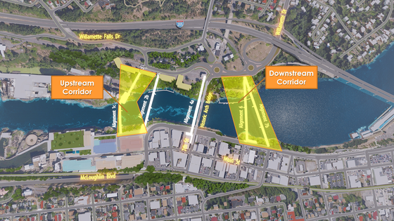 Graphic of recommended upstream and downstream corridor alternatives for the pedestrian-bike bridge