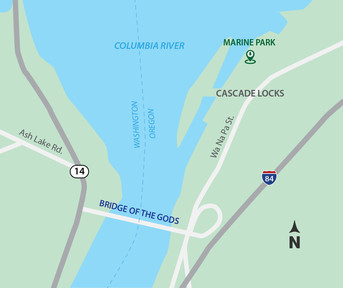 Marine Park is located in Cascade Locks along the river, just north of Bridge of the Gods. 