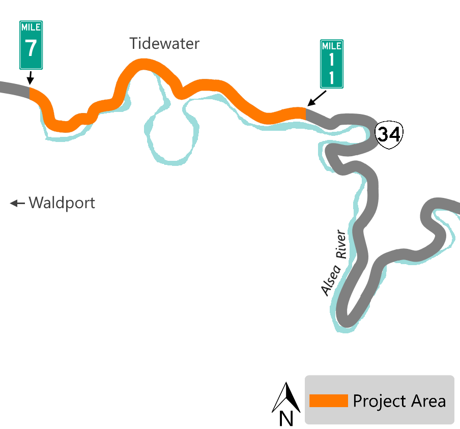 OR 34 map of area to be paved between milepost 7 and 11