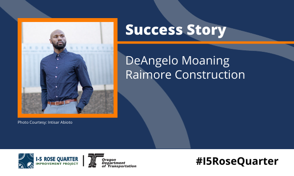 Success Story DeAngelo Moaning of Raimore Construction poses for a portrait in a dark blue dress shirt and light blue pants with a brown belt.