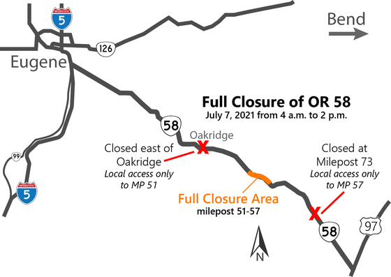 Map showing closure area on OR 58