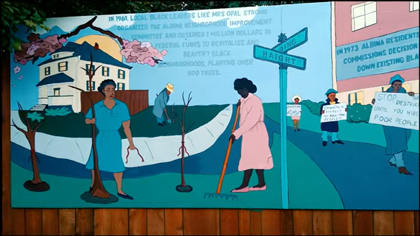 Humboldt-Albina History Mural depicting Black Portlanders planting trees or marching with signs advocating for the community. 