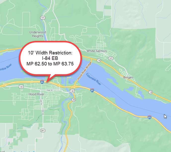 I-84 EB MP 62.50 to MP 63.75 10' width restriction