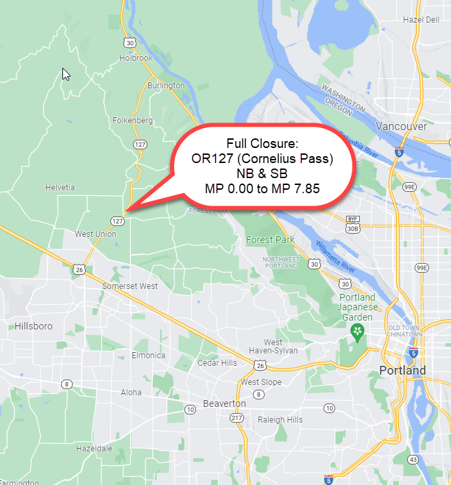 OR127 (Cornelius Pass Rd) MP 0.00 to MP 7.85 Full Closure