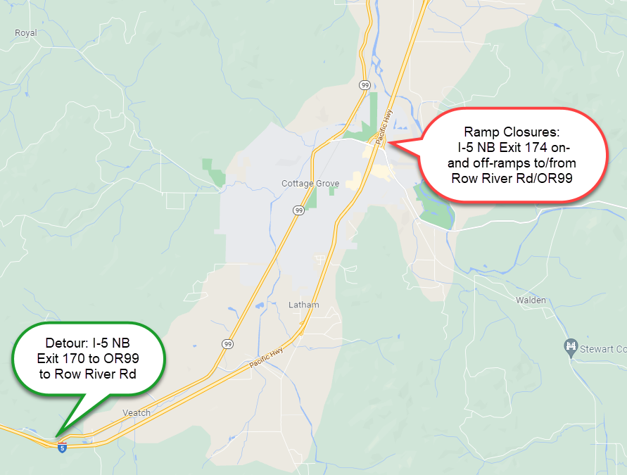 I-5 NB Exit 174 on- and off-ramps to-from Row River Rd-OR99