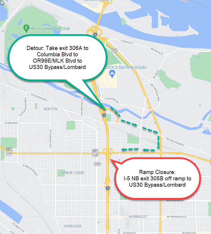 Ramp Closures I5 NB Exit 305B offramp to US30 Bypass/Lombard