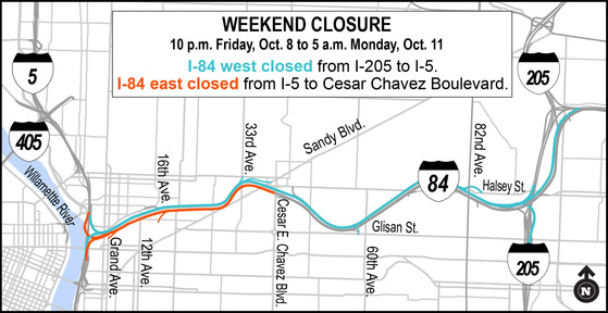 I-84 east is closed between I-5 and Cesar Chavez. I-84 west is closed from I-205 to I-5. 