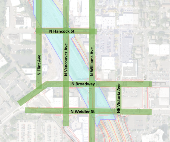 Map showing local streets within the project area including Hancock, Broadway, Weidler, Flint, Vancouver, Williams, and Victoria