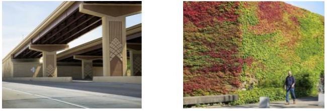 Example of a textured overpass columns (left) and example of a landscaped wall (right)