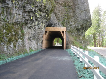 A tunnel with an timber canopy and lining. 