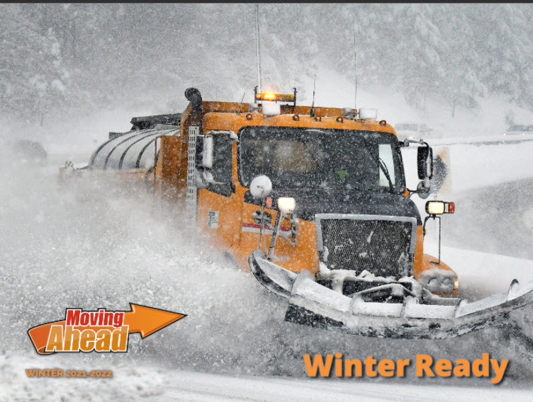 Winter Ready cover of Moving Ahead with ODOT features a snowplow on Interstate 5 Siskiyou Summit