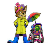 Strider and Viv cartoons in rain gear