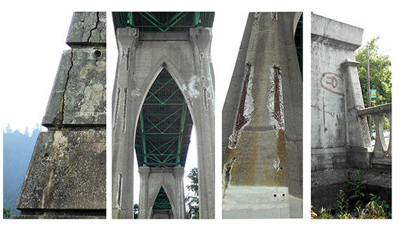 Chipping concrete and exposed steel frame inside the pier columns of the St. Johns Bridge today.