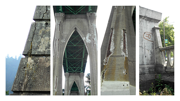 Chipping concrete and exposed steel frame inside the pier columns of the St. Johns Bridge today.