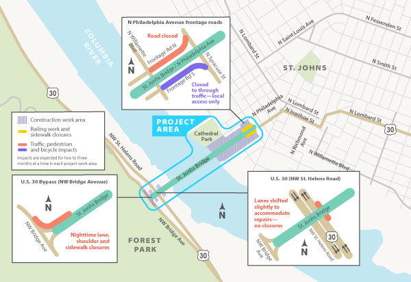 Project map for St. Johns Bridge Repair project showing work and traffic impact areas.