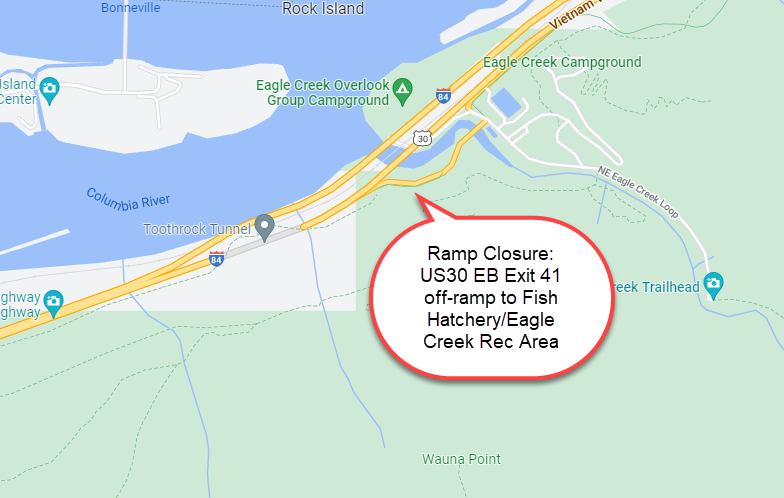 US30 EB Exit 41 off-ramp to Fish Hatchery/Eagle Creek Rec Area