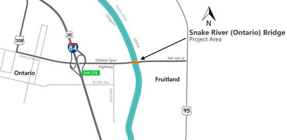Map of U.S. 30 Snake River (Ontario) Bridge project location.