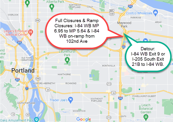 I-84 WB (between Exit 9 and I-205 Exit 21B)