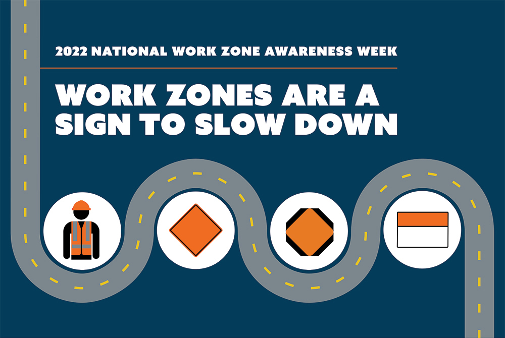 2022 National Work Zone Awareness Week - Work zones are a sign to slow down. Image of roadway, construction worker and orange signs.