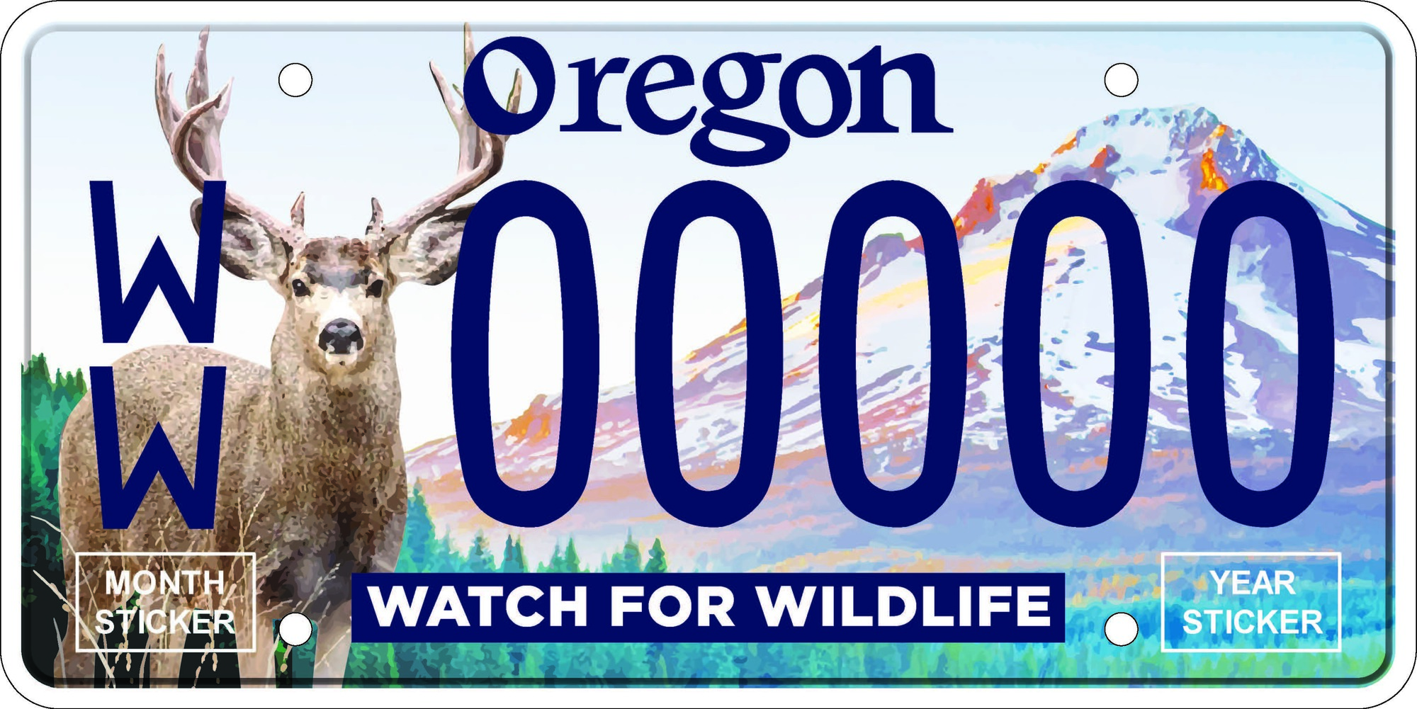 Image of Watch for Wildlife plate showing deer and mountain