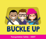 Three people in vehicle with seatbelts. Text: Buckle up.