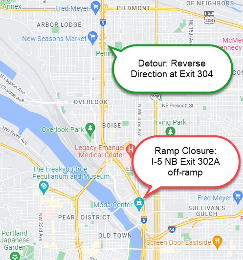 I-5 NB Exit 302A off-ramp to Weidler St-Moda Center