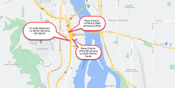 13' Width Restriction and Ramp Closures in the Portland Area