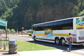A bus branded with Columbia Gorge Express in the Exit 31 lot 