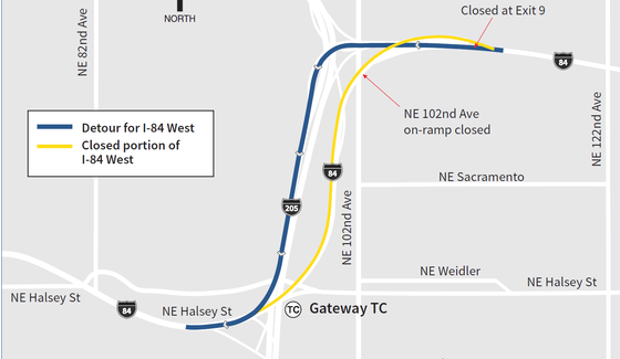 I-84 west closed at I-205. Take I-205 south to detour to I-84 west.