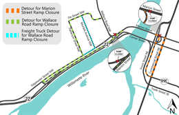 detour map for Marion Street on-ramp and Wallace Road off-ramp closure