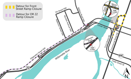 detour routes during the Front Street on-ramp closure and OR 22 ramp to continue into West Salem