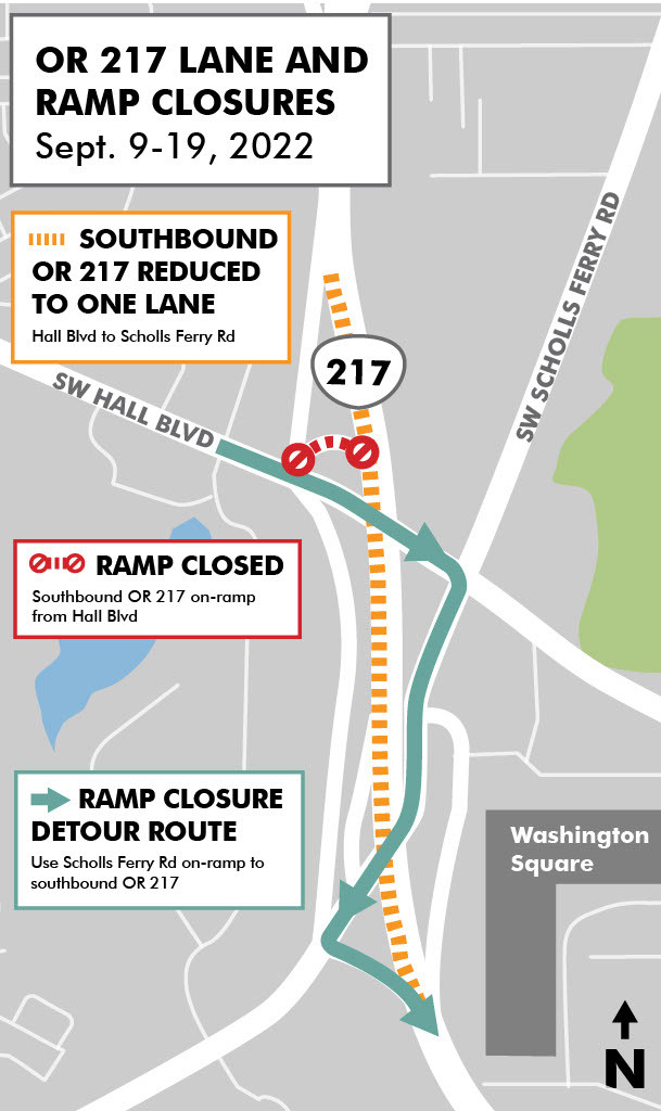 Map showing southbound 217 on-ramp from Hall closed, a detour route using Scholls Ferry for the ramp closure, and one lane of southbound 217 closed. 