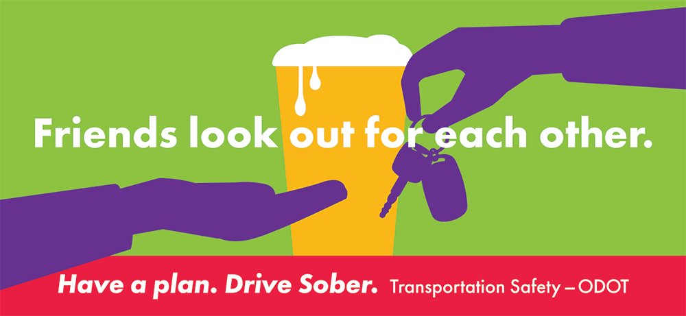 Friends look out for each other. Have a plan. Drive sober. Someone handing the keys to another person with a pint of beer in the background.