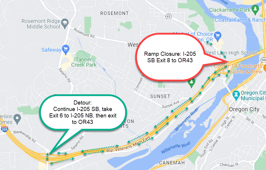 I-205 SB Exit 8 off-ramp to OR43_Closure