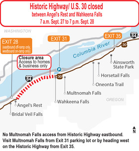 Historic Highway closure between Angel's Rest and Wahkeena Falls. Visit Multnomah Falls by heading west or using Exit 31 parking lot. 