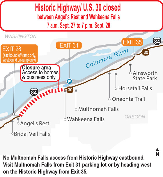 Historic Highway closed between Angel's Rest and Wahkeena Falls. Visit Multnomah Falls by heading west or using Exit 31 parking lot.