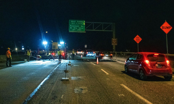 Night-time repaving project on Marion Street Bride in Salem - about halfway through the 2022 project.