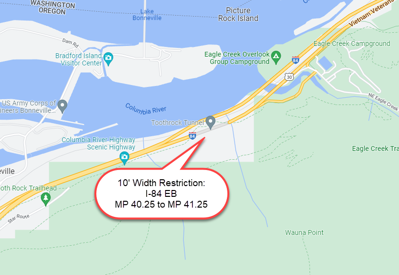 10' Width Restriction I-84 EB MP 41.25 Tooth Rock Tunnel