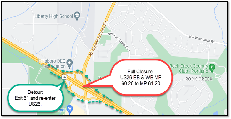 Full Closure: US26 EB and WB MP 60.20 to 61.20 (Hillsboro)