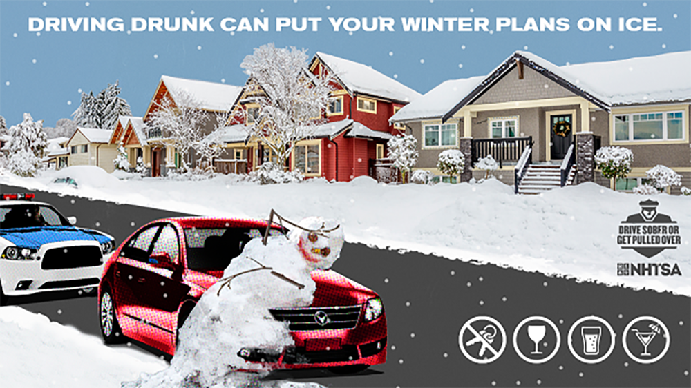 Driving drunk can put your winter plans on ice. Snowman, car, police car on roadway.