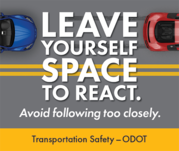 Leave yourself space to react. Avoid following too closely. Two vehicles on roadway with space between.