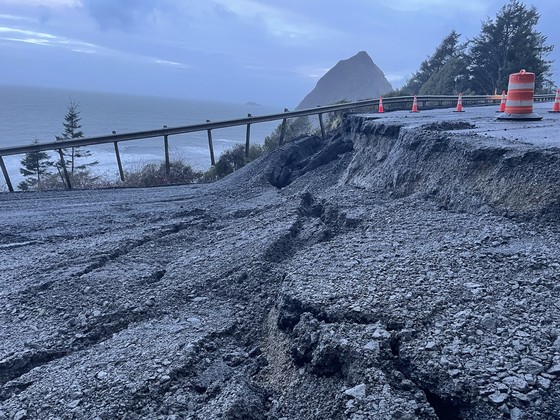 A section of Highway 101 dropped several feet due to a landslide