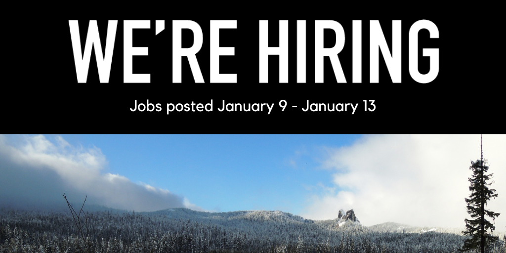 High mountaintops with fir trees. Blue sky showing through clouds.