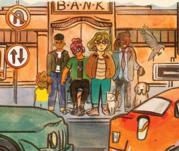 Comic book graphic excerpt of people standing on sidewalk looking out at cars on roadway