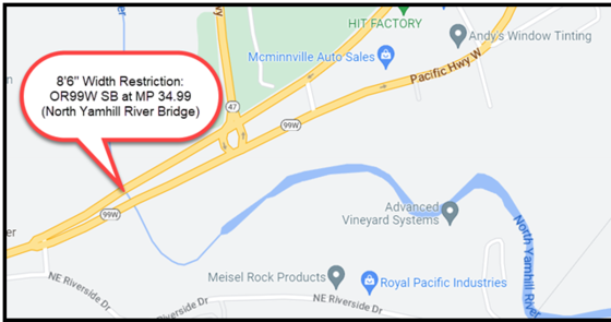 Legal Width Restriction on OR99W SB at MP 34.992